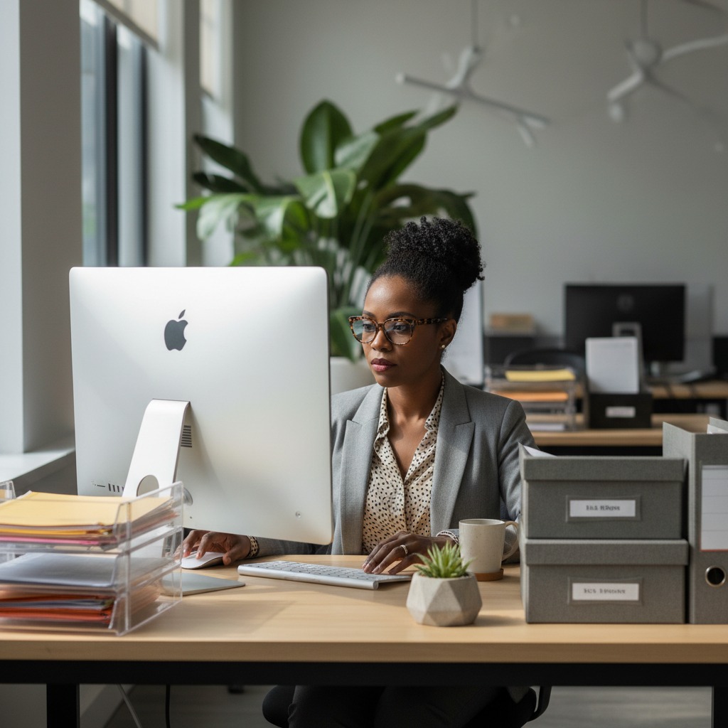 Financial operations professional working at a desk